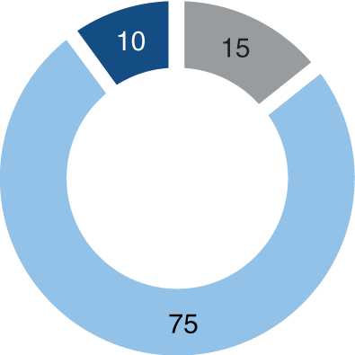 Gráfico sobre la distribución de la inversión para un perfil Conservador: 75% en renta fija, 15% en liquidez y 10% en acciones.